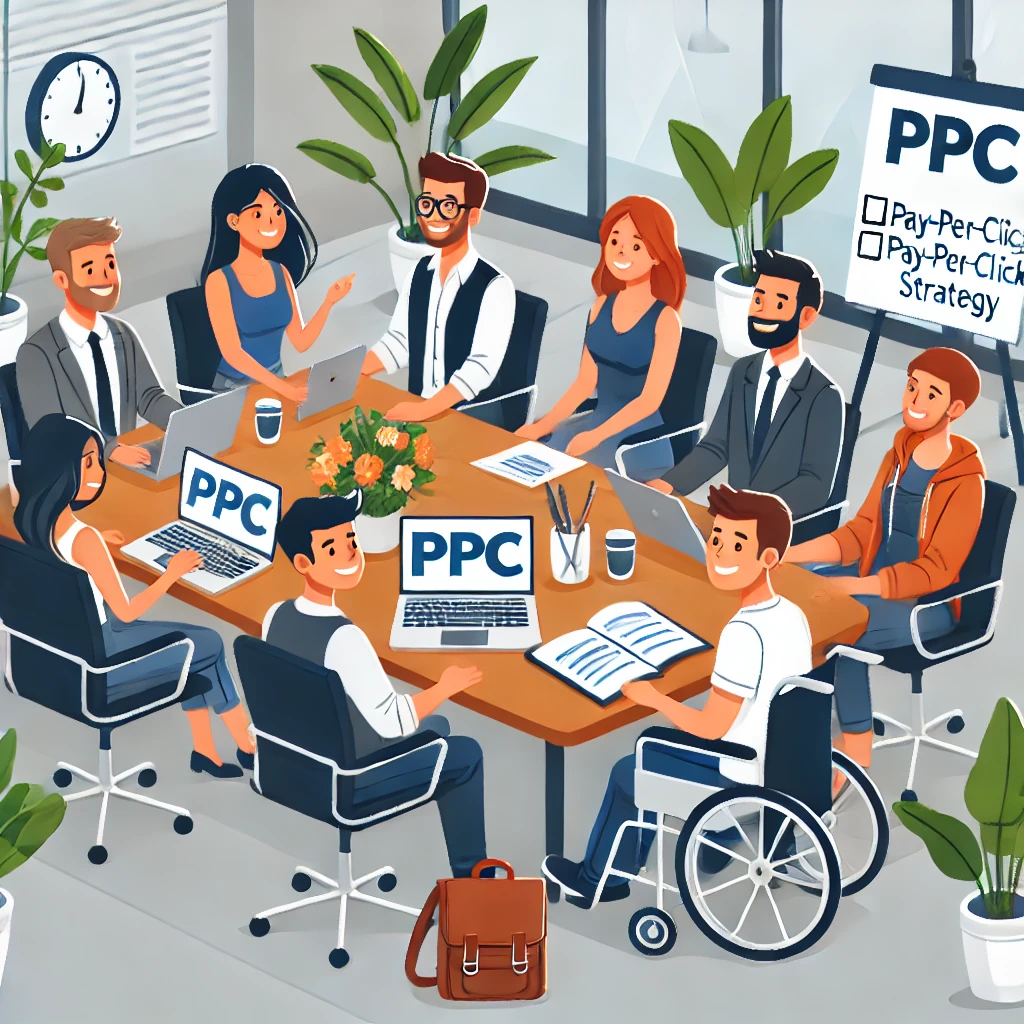 Ilustração de um grupo diversificado de profissionais de marketing digital trabalhando em uma campanha de PPC (Pay-Per-Click). Eles estão reunidos ao redor de uma mesa com laptops, tablets e documentos, discutindo estratégias e analisando dados. O fundo mostra um escritório moderno e inclusivo com uma atmosfera colaborativa. O estilo é moderno e limpo com cores vibrantes.