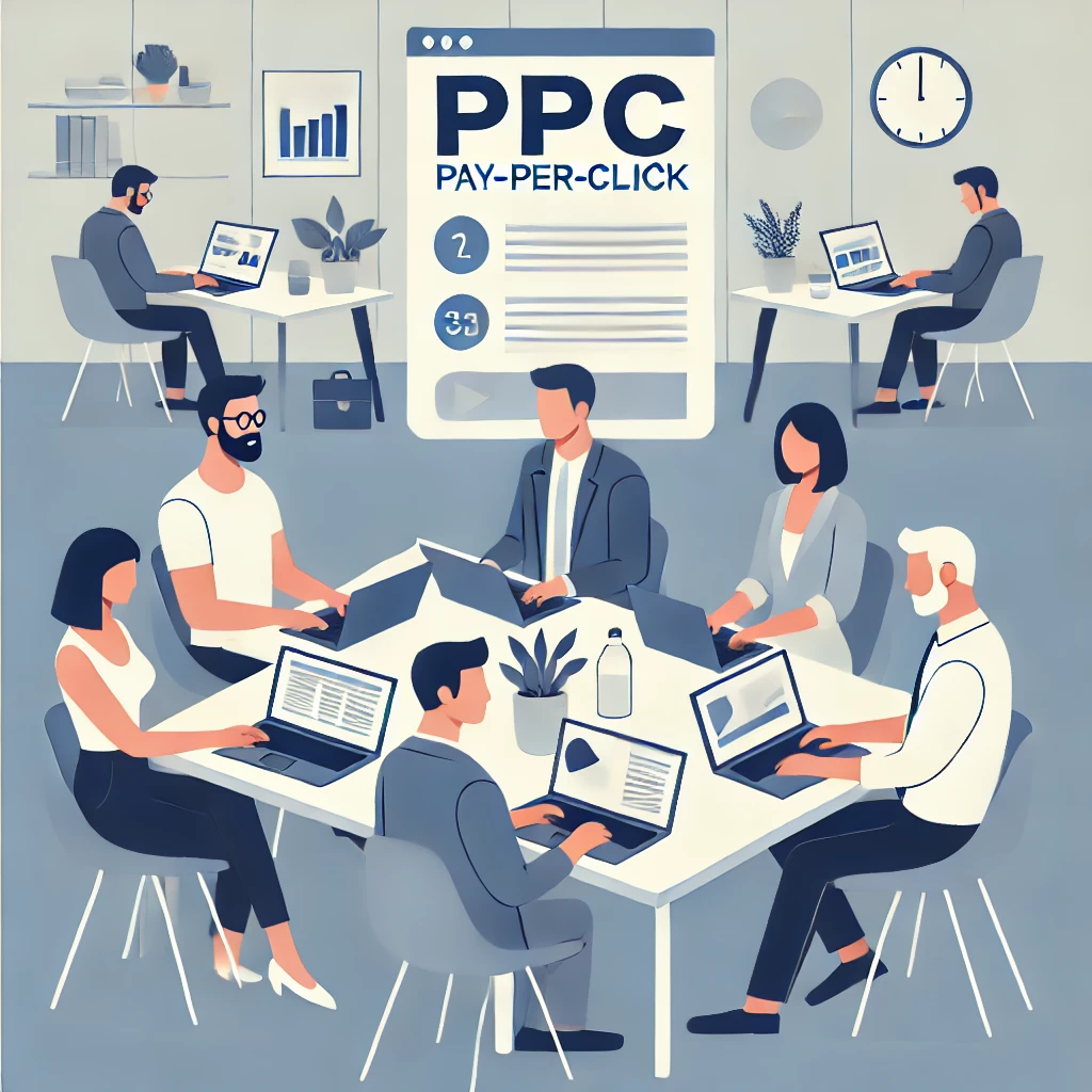 Ilustração minimalista de um grupo diversificado de profissionais de marketing digital trabalhando juntos. Eles estão sentados ao redor de uma mesa com laptops e documentos, focando em uma campanha de PPC (Pay-Per-Click). O fundo mostra um espaço de escritório simples e moderno.