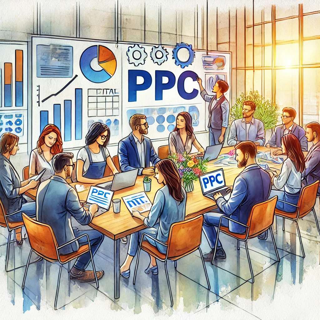 Ilustração em aquarela de uma equipe diversificada de profissionais de marketing digital trabalhando em uma campanha de PPC (Pay-Per-Click). Eles estão reunidos ao redor de uma mesa com laptops e documentos, colaborando em um ambiente de escritório moderno e iluminado. O estilo é artístico e colorido.