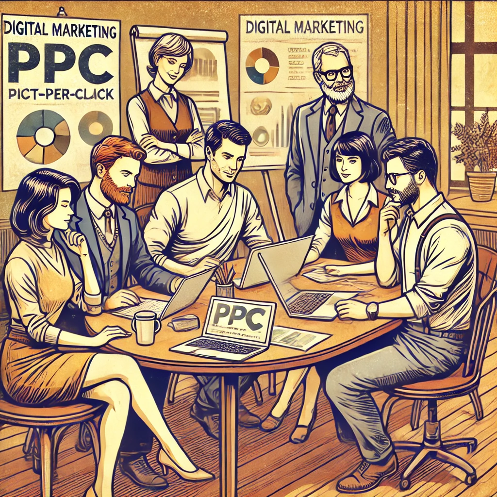 Ilustração em estilo vintage de um grupo diversificado de profissionais de marketing digital trabalhando em uma campanha de PPC (Pay-Per-Click). Eles estão reunidos ao redor de uma mesa com laptops e documentos, discutindo estratégias. O fundo mostra um ambiente de escritório retrô com decoração clássica.