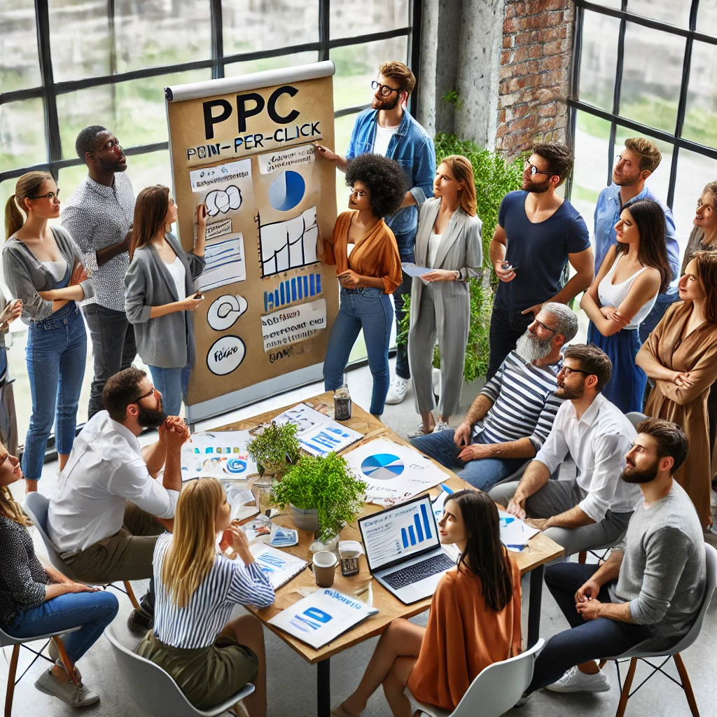 Um grupo diversificado de profissionais de marketing, incluindo vários gêneros, etnias e habilidades, fazendo brainstorming para uma campanha de PPC (Pay-Per-Click). Eles estão reunidos ao redor de um quadro branco com gráficos e notas adesivas, em um escritório moderno e inclusivo com grandes janelas e luz natural. 