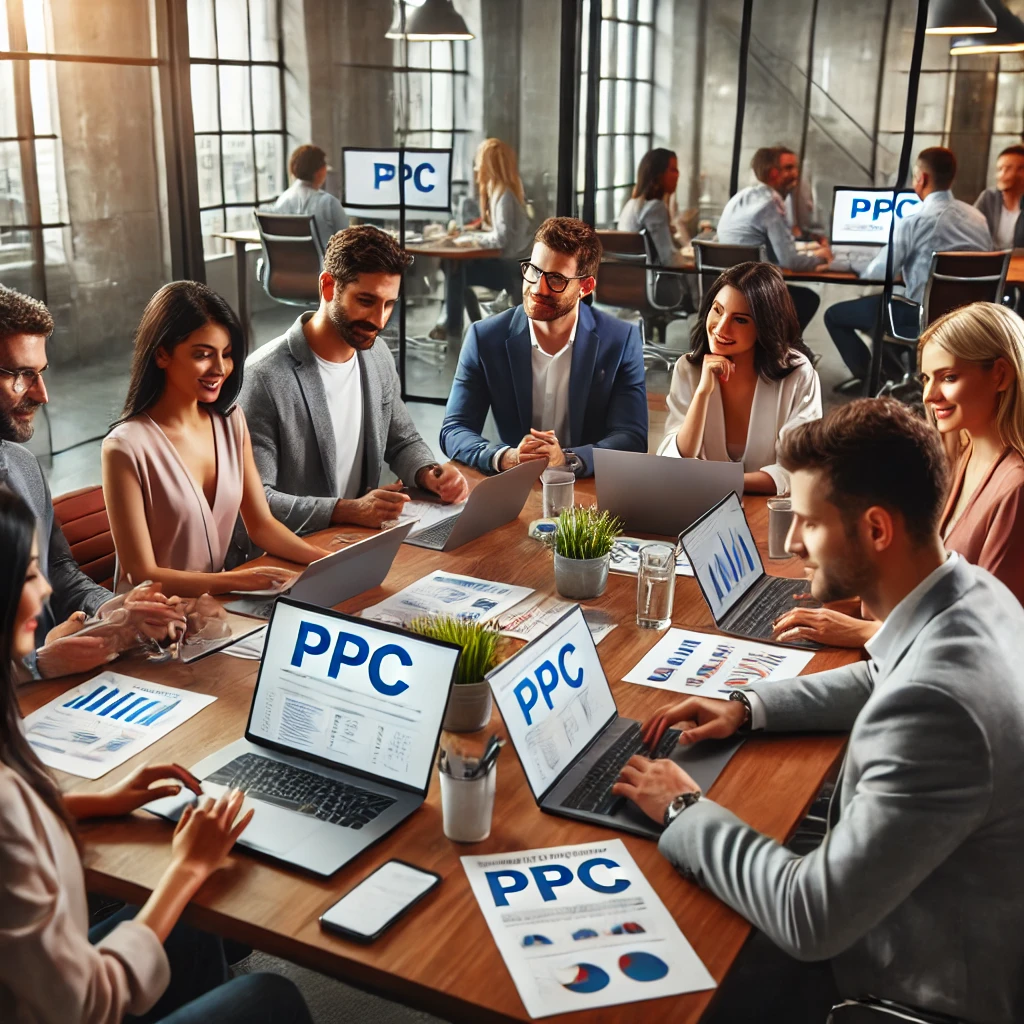 Um grupo diversificado de profissionais de marketing digital trabalhando em uma campanha de PPC (Pay-Per-Click). Eles estão reunidos ao redor de uma mesa de conferência com laptops, tablets e documentos, discutindo estratégias e analisando dados. O fundo mostra um escritório moderno com paredes de vidro e um ambiente colaborativo.