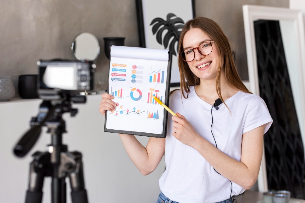 Uma mulher sorridente usando óculos segura um bloco de notas com gráficos coloridos enquanto fala para uma câmera. A mulher está em um ambiente de escritório com decoração moderna.