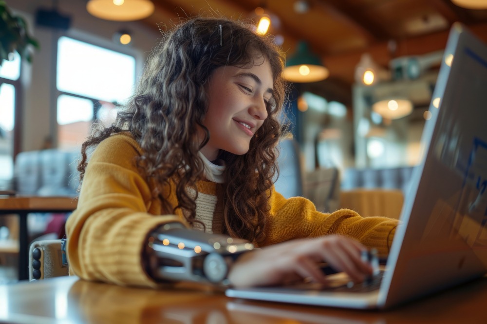 Uma jovem com cabelos cacheados e usando uma blusa amarela, sorrindo enquanto digita em seu laptop em um ambiente aconchegante. Ela parece estar estudando, possivelmente pesquisando sobre "Quantos é pronome".