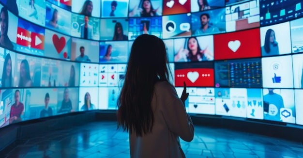 Backview Of Caucasian Woman Connecting to Animated Stream Of Content