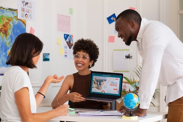 Medium shot people in travel agency office