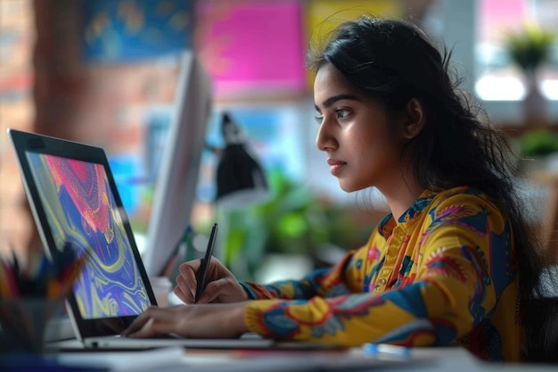 A woman sits in front of a laptop computer focused on her work