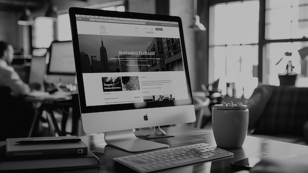 A black and white image of a desk with a computer screen displaying a website