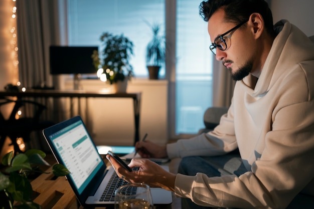 Person at working late at night from home